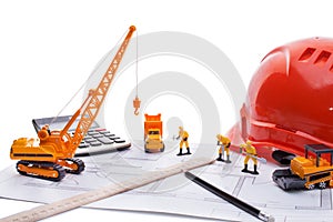 Orange helmet, ruler, pencil, drawing, construction equipment