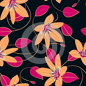 Orange hibiscus flowers and leaves seamless pattern