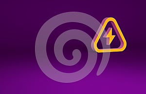 Orange High voltage icon isolated on purple background. Danger symbol. Arrow in triangle. Warning icon. Minimalism