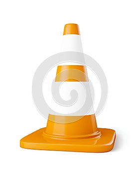 Orange highway traffic construction cone with white stripes isol