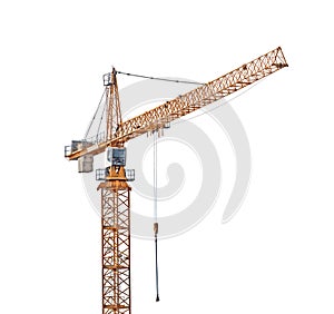 Dark orange industrial hoisting crane isolated on white photo