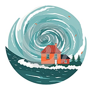 Orange house with red roof engulfed by swirling blue tornado at the sea. Natural disaster scene with whirlwind