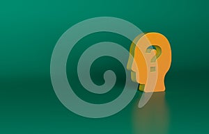 Orange Human head with question mark icon isolated on green background. Minimalism concept. 3D render illustration