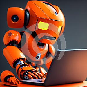 Orange humanoid works on computer. Generative AI.