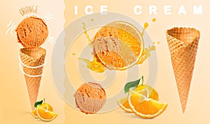 Orange ice cream. explosion of orange juice and ice cream ball with cone and orange segments photography on colored background.