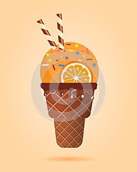 Orange ice cream with wafer rolls in waffle cup, dairy product. Ice cream scoop image in flat style. Vector illustration
