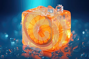 Orange in ice cube, the concept of fresh fruit is cool refreshing taste