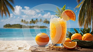 Orange iced cocktail with lime and mint. Summer refreshing orange beverage, drink, juice or smoothie with ice, generative AI