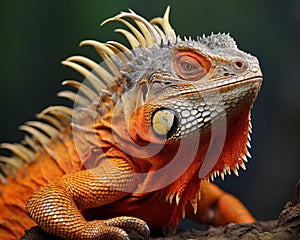 an orange iguana is sitting on a branch