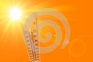 Orange illustration representing the hot summer sun and the environmental thermometer that marks a temperature of 45 degrees