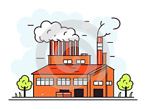 Orange industrial factory building with smokestacks emitting smoke, outlined drawing on a clear day. Environmental