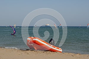 Orange inflated boat photo