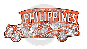 Orange jeepney with philippine ornament. Palm tree, whale shark, mask, turtle, halo-halo. Vector coloring page. photo