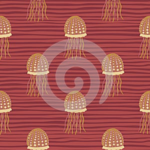 Orange jellyfish silhouettes seamless pattern. Stripped background. Hand drawn planktone abstract artwork