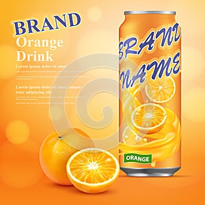Orange juice advertising realistic design. Vector 3d illustration.