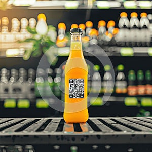 Orange Juice Bottle with QR Code in Grocery Store. Generative ai. photo