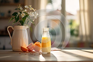 orange juice bottle stands on a table