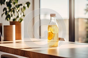 orange juice bottle stands on a table