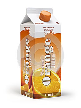 Orange juice carton cardboard box pack isolated on white background.