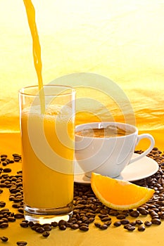 Orange juice, coffee grains