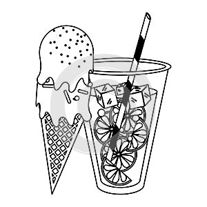 Orange juice cup and ice cream cone cartoon in black and white