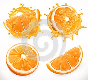 Orange juice. Fresh fruit and splashes. Vector icon set