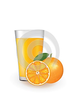 Orange juice with a fresh oranges beside the glass