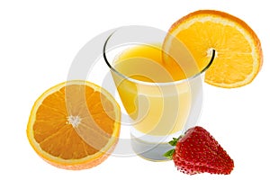 Orange juice with fresh oranges and strawberry