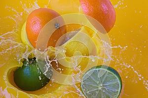 Orange juice fruit slashing liquid drops lime lemon flavor healthy fresh drink