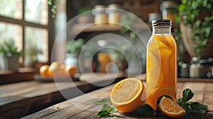 orange juice in glass bottle