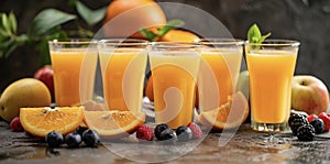 Orange juice in a glass glass, fruits and berries in the background.