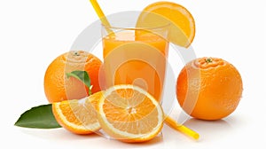 Orange juice glass with orange sacs and slices isolated on white.