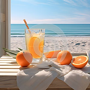 Orange juice in a glass and oranges on a wooden table overlooking the beach and sea, by Generative AI