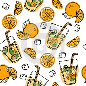 Orange juice in a glass. Seamless pattern with natural fresh. Orange slice, tube for drinking. Healthy organic food. Citrus fruit.