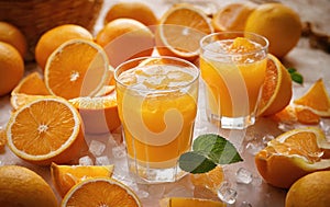 Orange juice in a glass. Sliced oranges. Ice in a glass.