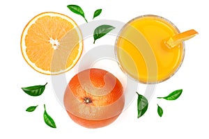 Orange juice glass with slices of citrus and green leaves isolated on white background, top view. Flat lay pattern