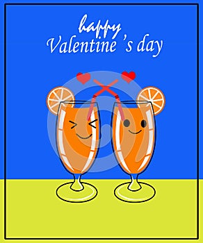 The orange juice glass and straw with orange slice on  valentine card