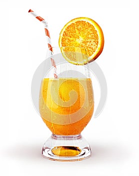 Orange juice in a glass with straw and slice.