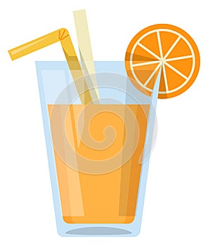 Orange juice glass with straws. Cartoon drink icon