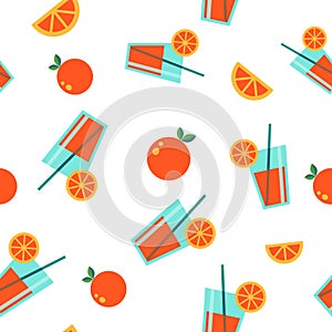 Orange juice glasses, orange fruits and orange slices vector seamless repeating pattern abstract background teaxure tile