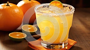 Orange juice Halloween cocktail in glass. Festive fall drink for party concept. Autumn seasonal cocktails. AI