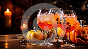 Orange juice Halloween cocktail in glass. Festive fall drink for party concept. Autumn seasonal cocktails. AI