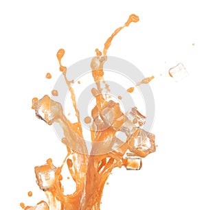 Orange Juice ice cube cool pouring down in Shape form line. Orange juicy fluttering explosion in air, liquid water splash spill