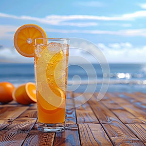 Orange juice with ice on wooden balcony by the sea