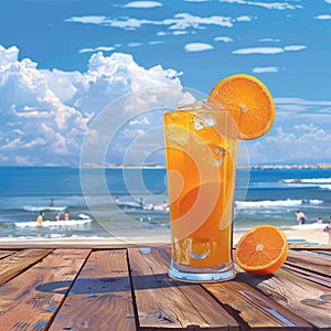 Orange juice with ice on wooden balcony by the sea