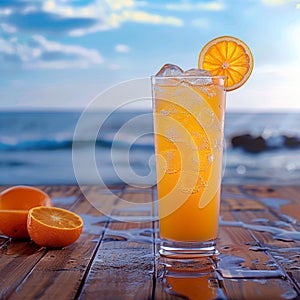 Orange juice with ice on wooden balcony by the sea