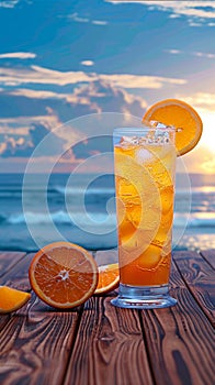 Orange juice with ice on wooden balcony by the sea