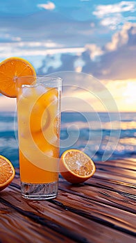 Orange juice with ice on wooden balcony by the sea