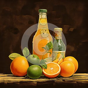 Classic Bottle Of Juice And Fruit Still Life Painting photo