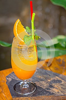 Orange juice mix soda set on the table ready to serve.